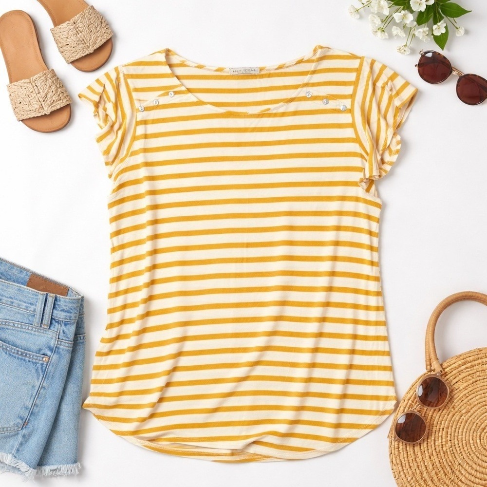 Green Envelope Striped Flutter Sleeve Top Women XL Yellow French Style Preppy